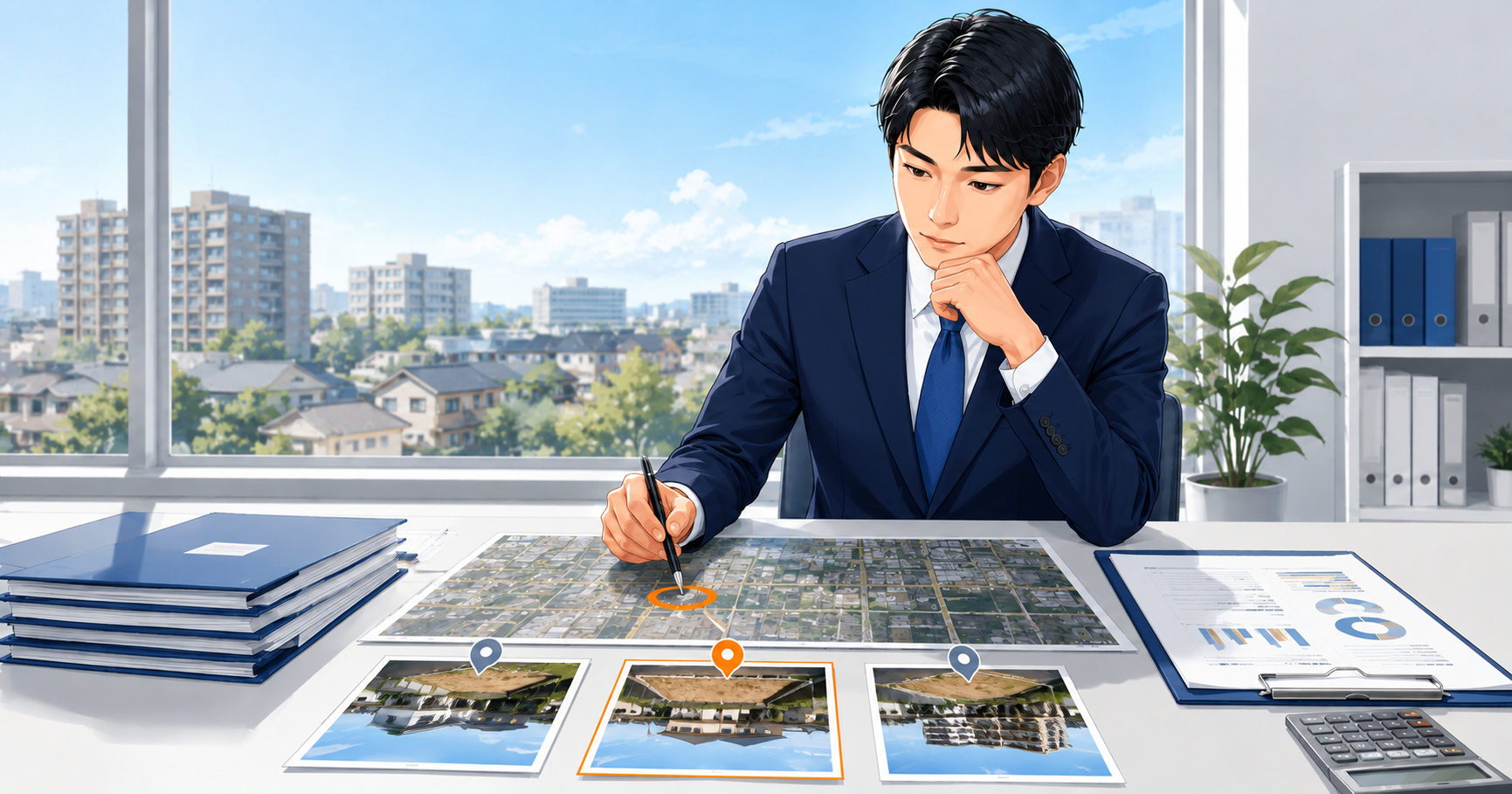 地図と物件資料を比較して見込み客の優先順位を検討する土地活用営業