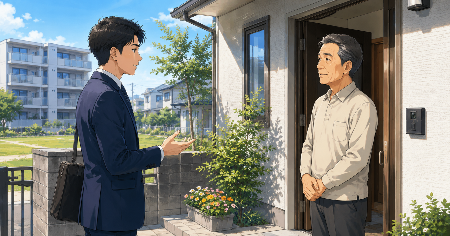 土地活用営業が地主宅を初回訪問して会話するイメージ